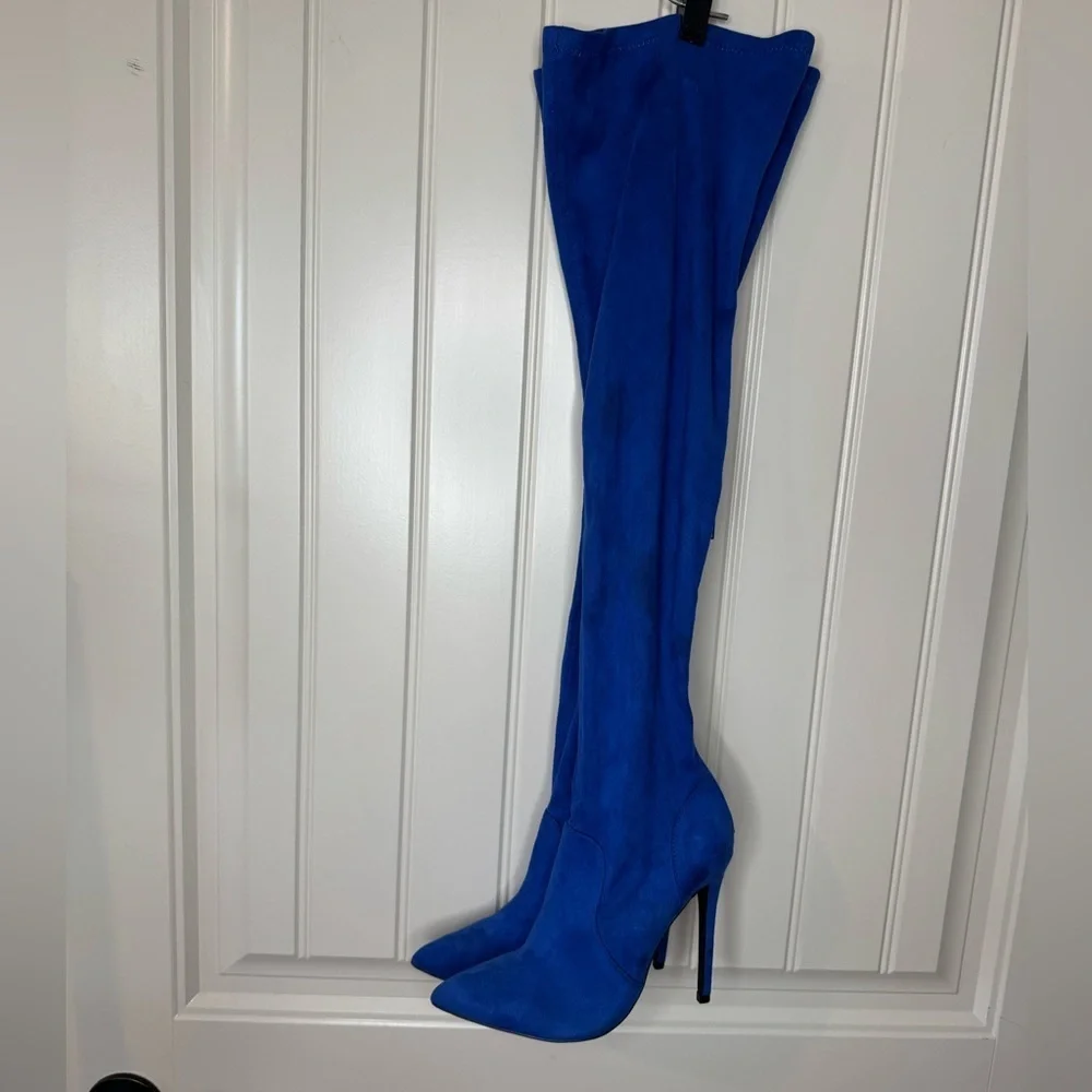 SHOEDAZZLE 🦋 Thigh-High, Vibrant Royal Blue Women's Stiletto Boots (Women’s 7)